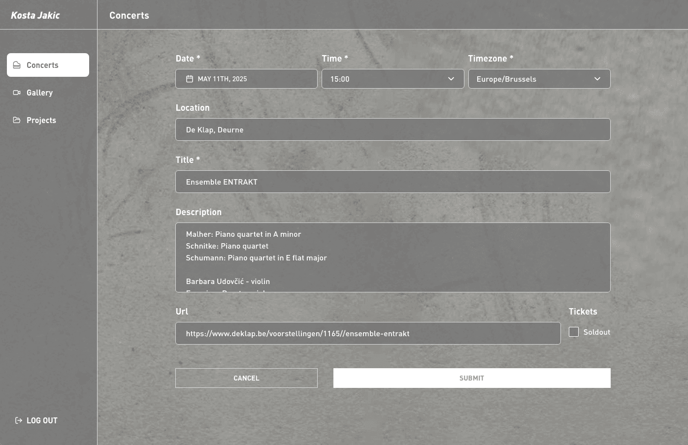 Upsert Concert form back office page