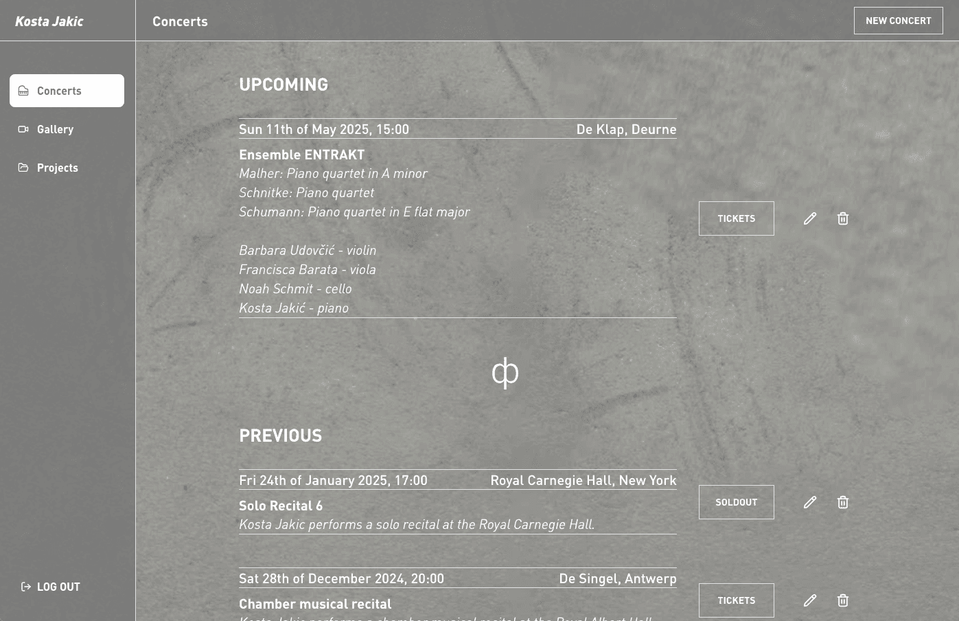 Concerts list back office page